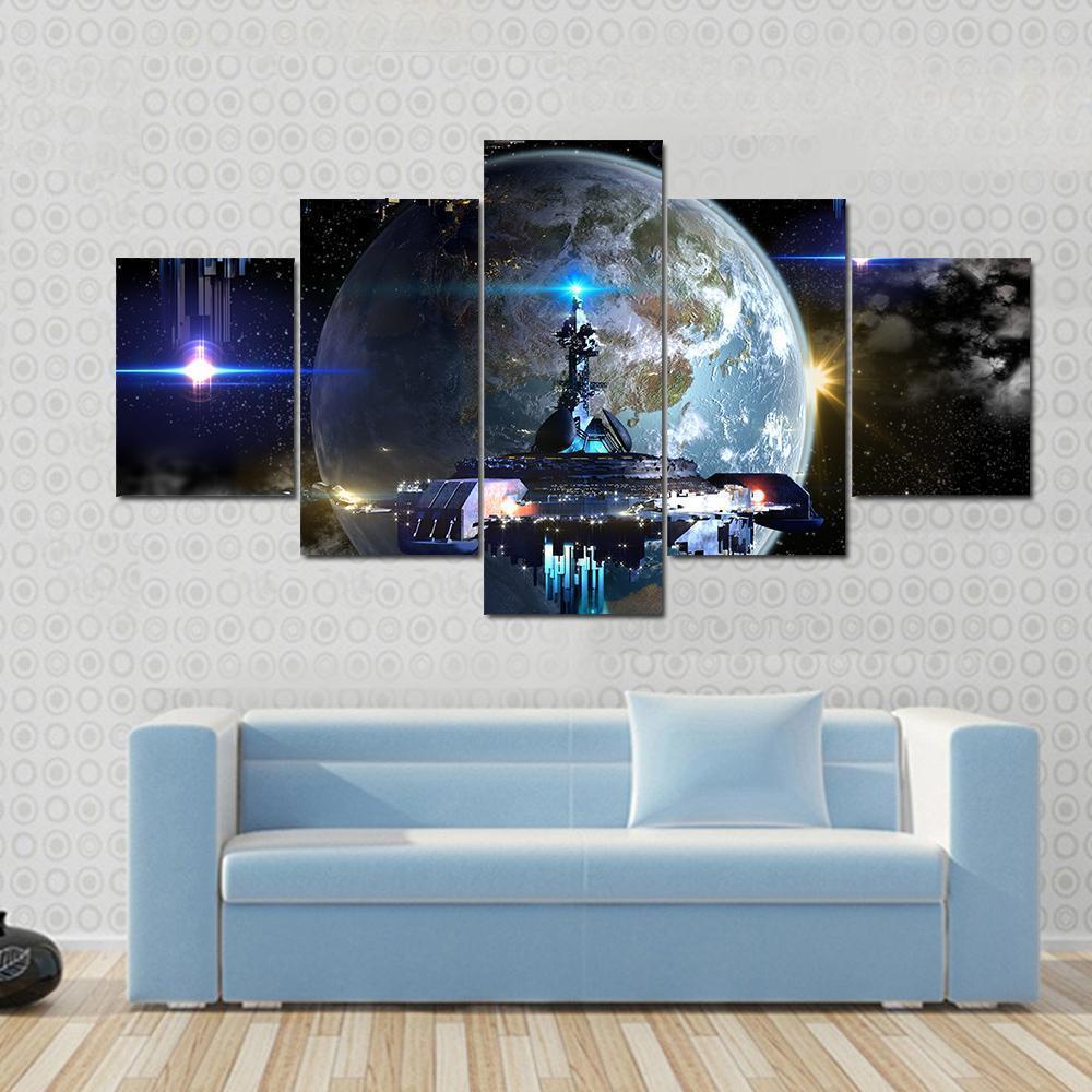 Alien Spaceship Fleet Moving Near Earth Movie Canvas Wall Art