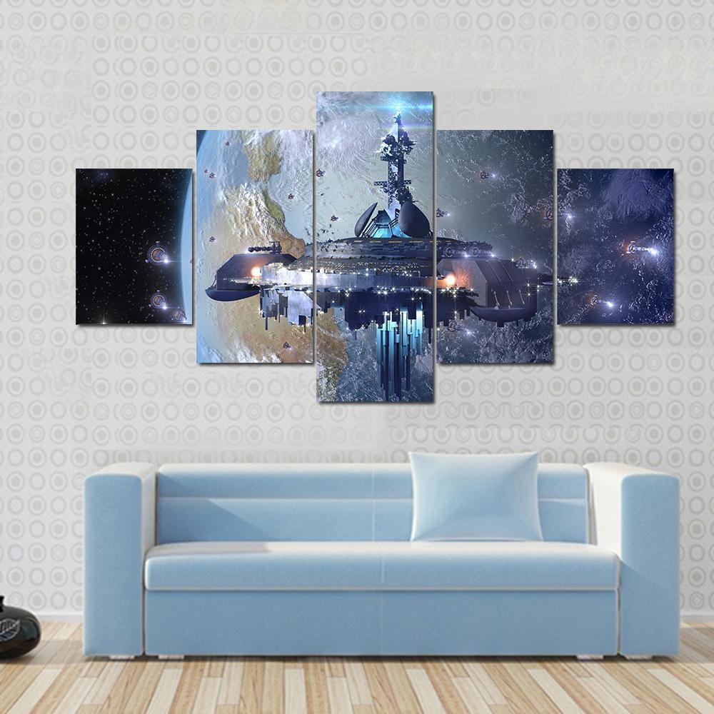 Aliens UFO mothership Near Earth Space Canvas Wall Art