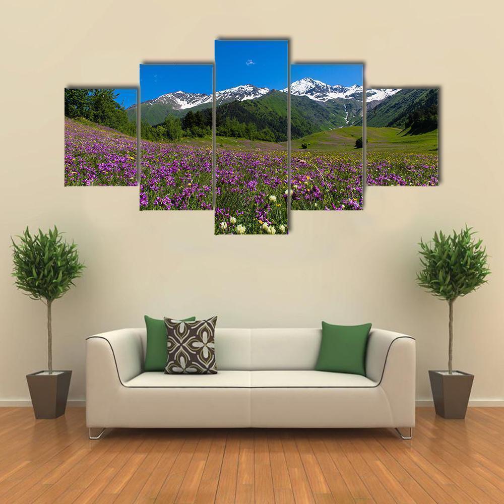 Alpine Fields With Purple Flowers In Swaneti Nature Canvas Wall Art