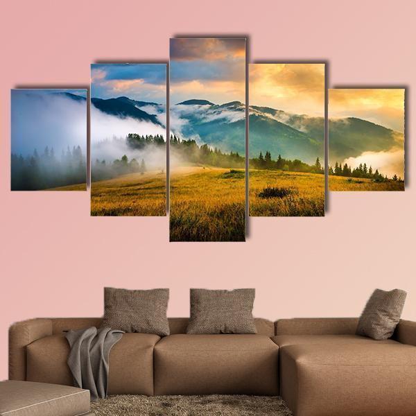 Amazing Mountain Landscape With Fog And A Haystack Nature Canvas Wall Art