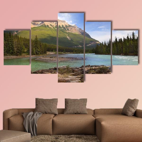 Amazing River Flowing In Canadian Rockies Nature Canvas Wall Art