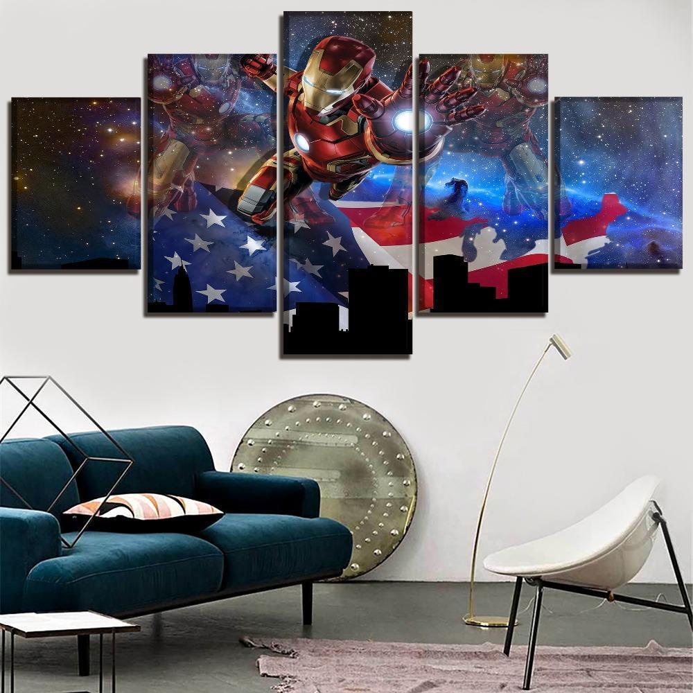 American Flag And Comics Iron Man Marvel Canvas Wall Art