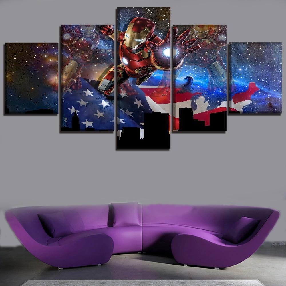 American Flag And Comics Iron Man Marvel Canvas Wall Art