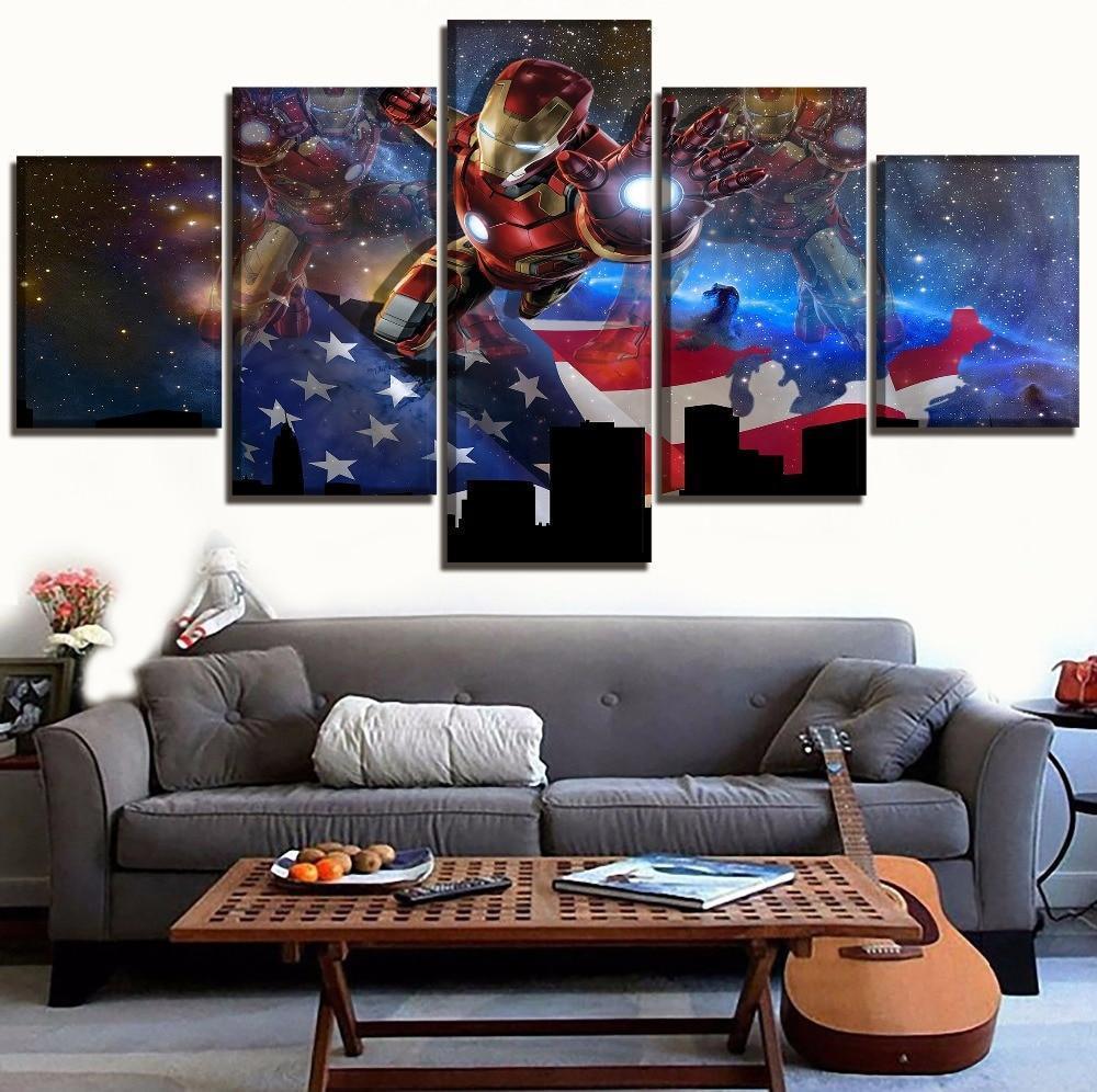 American Flag And Comics Iron Man Marvel Canvas Wall Art
