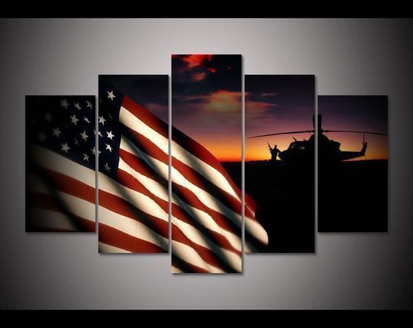 American Flag Military Helicopter At Sunsetc Army Canvas Wall Art