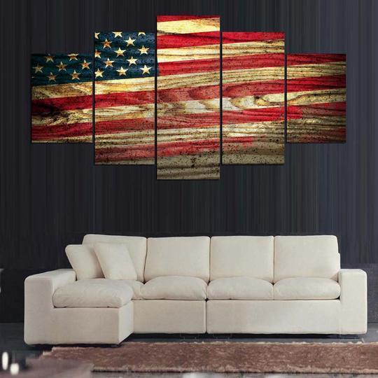 American Flag On Wood Grain Abstract Canvas Wall Art