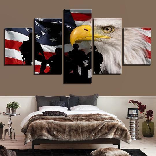American Flag With Bald Eagle And Soldiers Army Canvas Wall Art