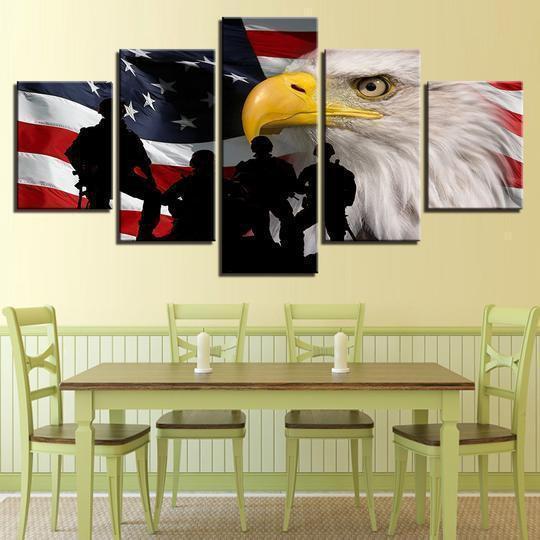 American Flag With Bald Eagle And Soldiers Army Canvas Wall Art
