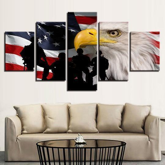 American Flag With Bald Eagle And Soldiers Army Canvas Wall Art