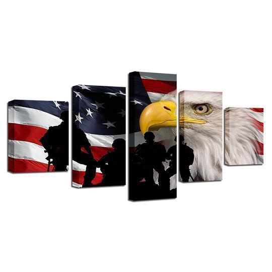 American Flag With Bald Eagle And Soldiers Army Canvas Wall Art