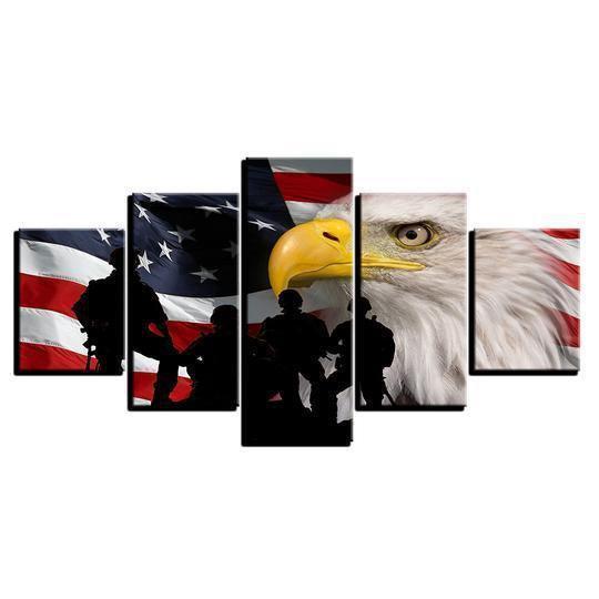 American Flag With Bald Eagle And Soldiers Army Canvas Wall Art