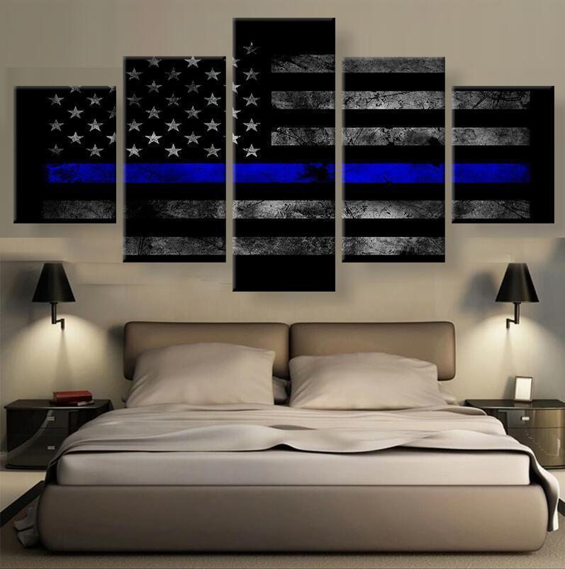 American Flag with Police Blue Line Abstract Canvas Wall Art