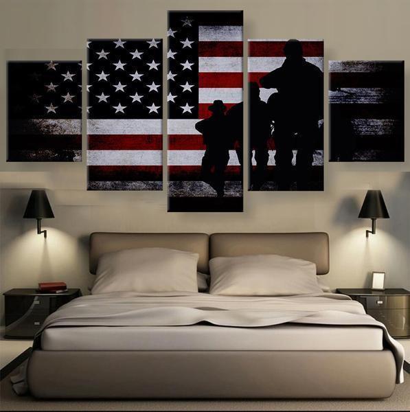 American Flag with Soldiers Army Canvas Wall Art