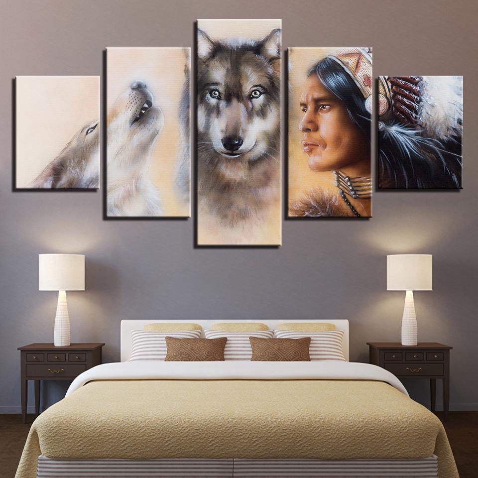 American Indian And Wolves Army Canvas Wall Art