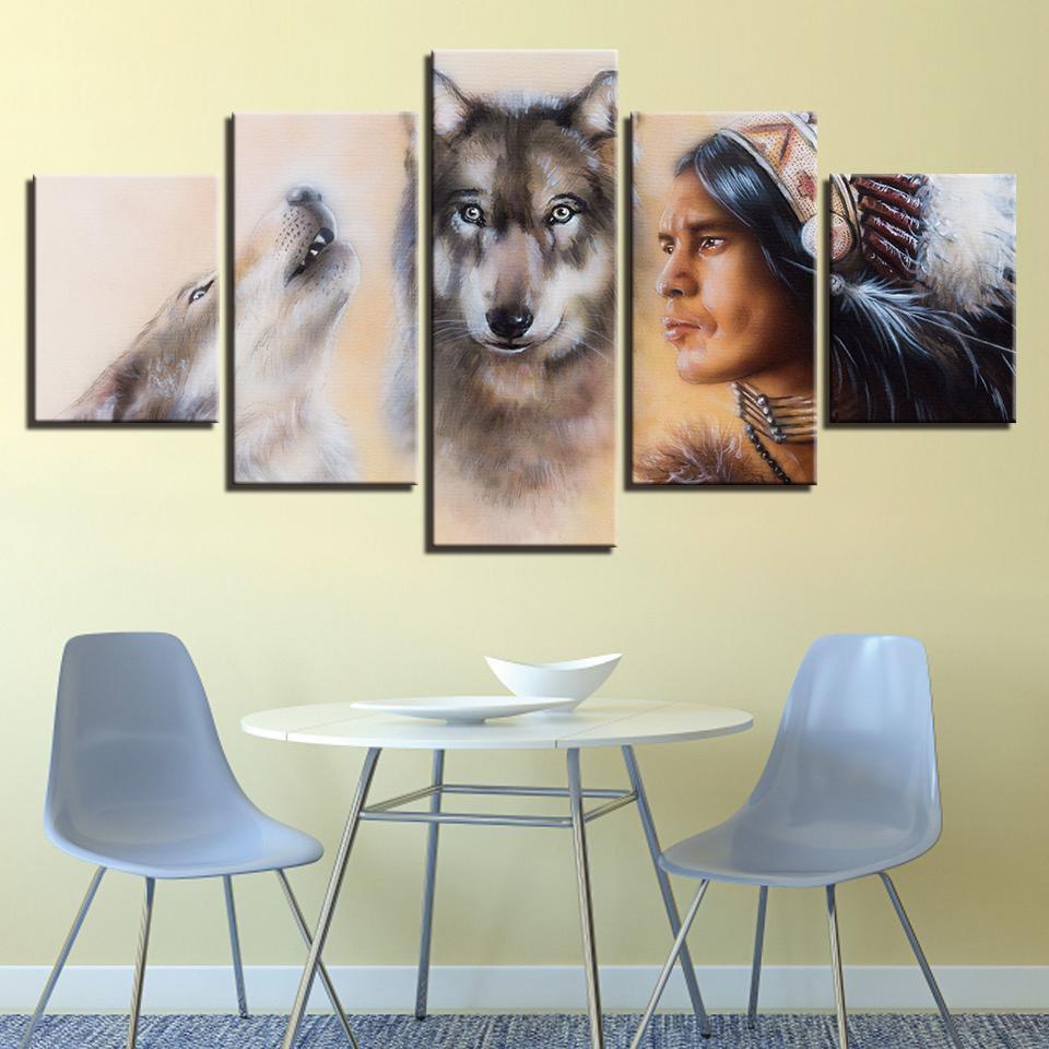 American Indian And Wolves Army Canvas Wall Art