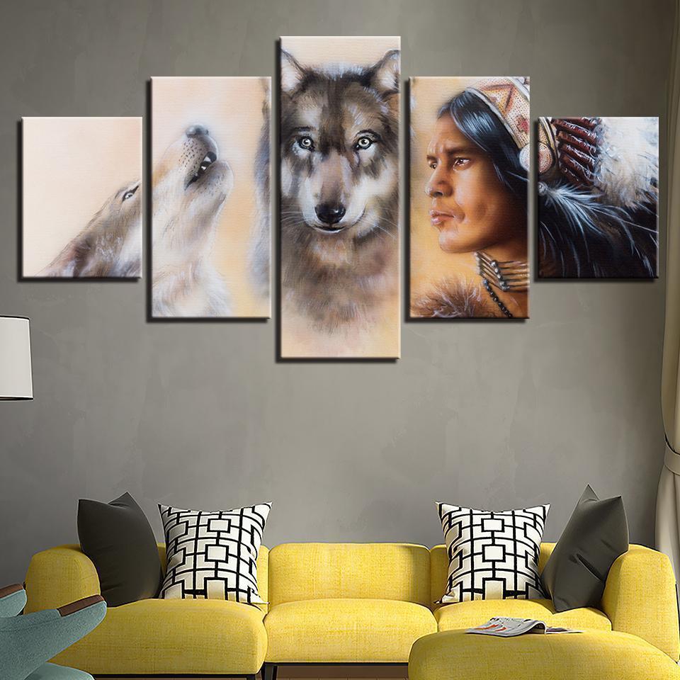 American Indian And Wolves Army Canvas Wall Art