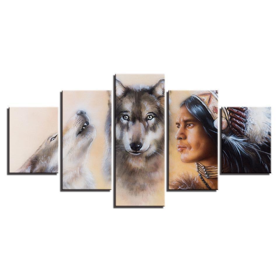 American Indian And Wolves Army Canvas Wall Art