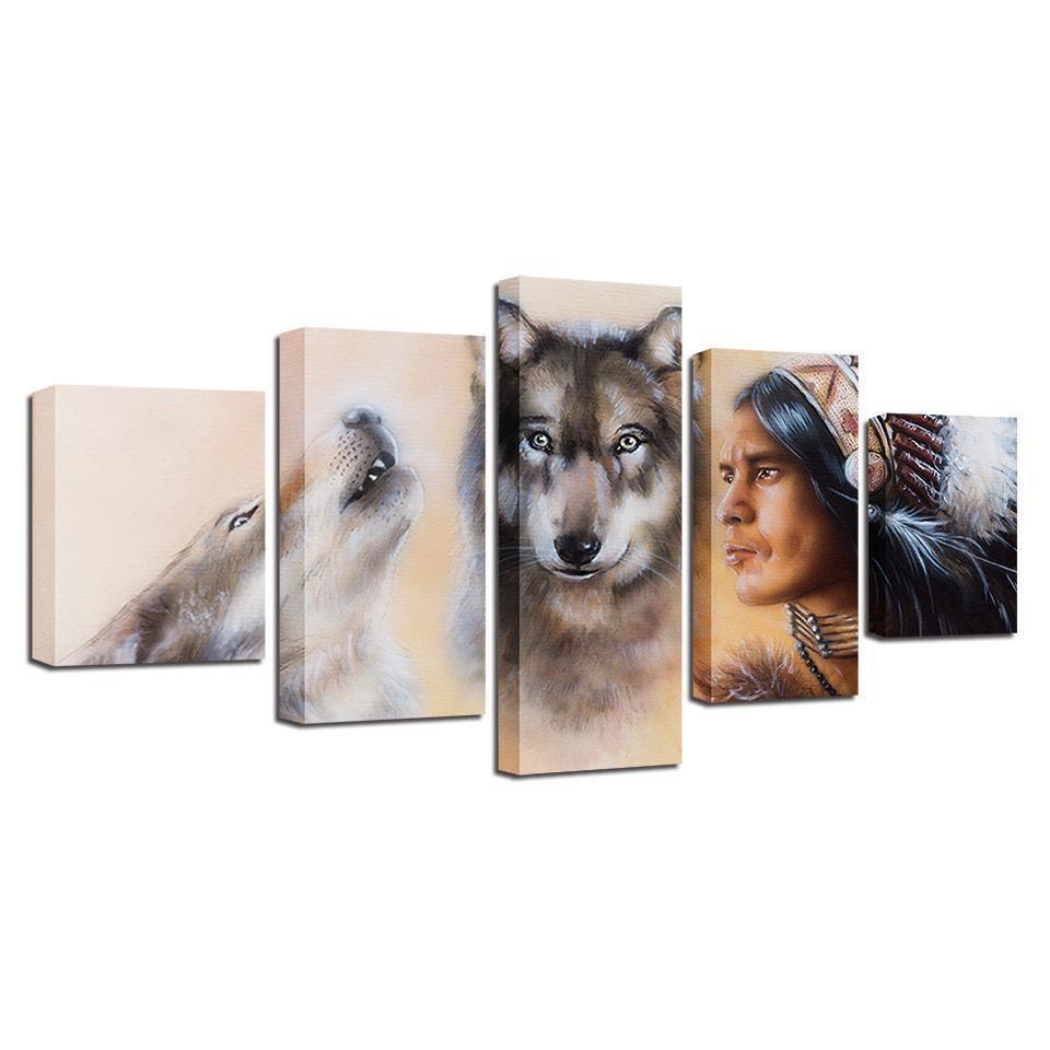 American Indian And Wolves Army Canvas Wall Art