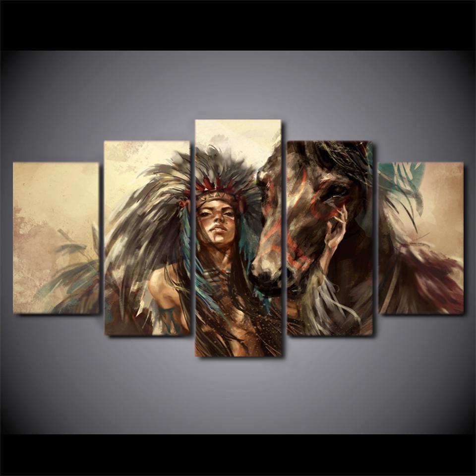 American Indian Girl With Horse Army Canvas Wall Art