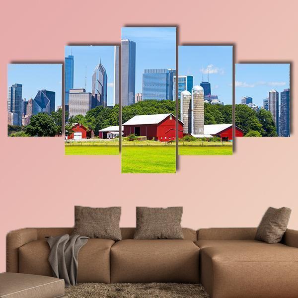 American Red Farm With Chicago Skyline Nature Canvas Wall Art