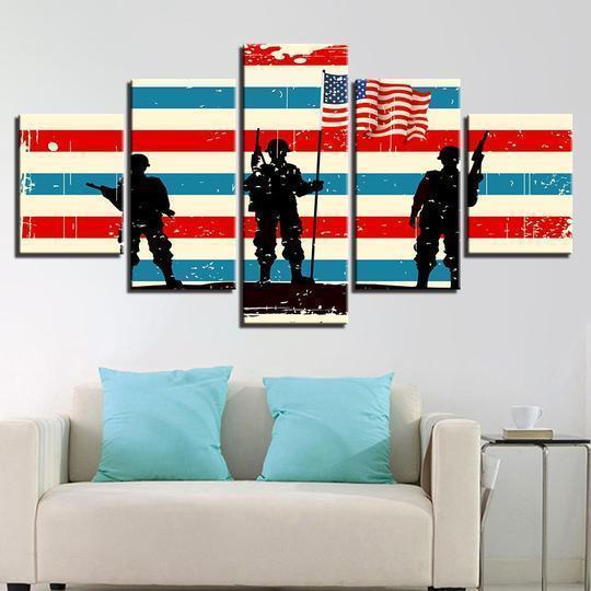 American Soldiers With Flag Abstract Canvas Wall Art