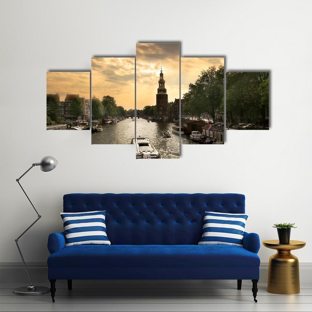 Amstel River With Cruise Ship In Amsterdam Nature Canvas Wall Art