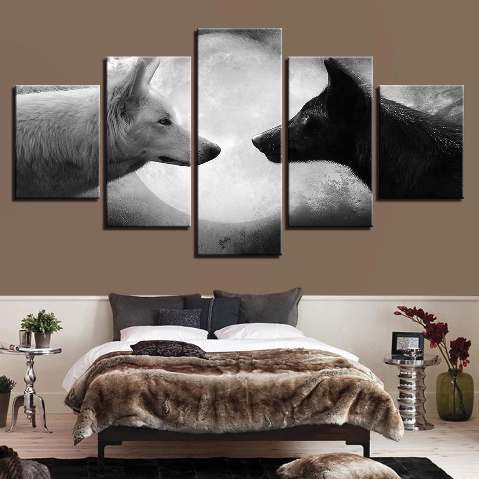 Animal Black White Wolves Moon Night Scene Animal Canvas Wall Art