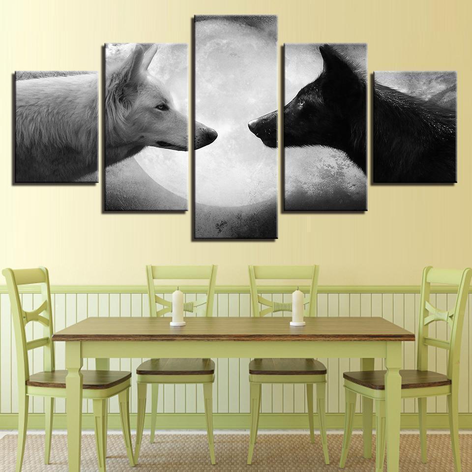 Animal Black White Wolves Moon Night Scene Animal Canvas Wall Art