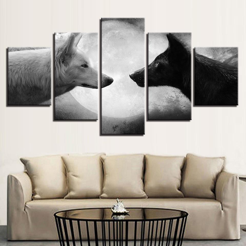 Animal Black White Wolves Moon Night Scene Animal Canvas Wall Art