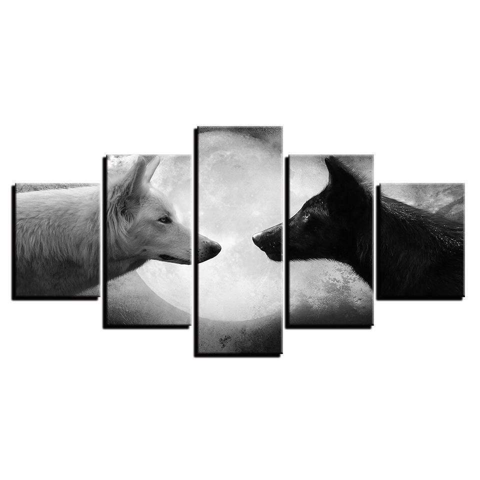Animal Black White Wolves Moon Night Scene Animal Canvas Wall Art