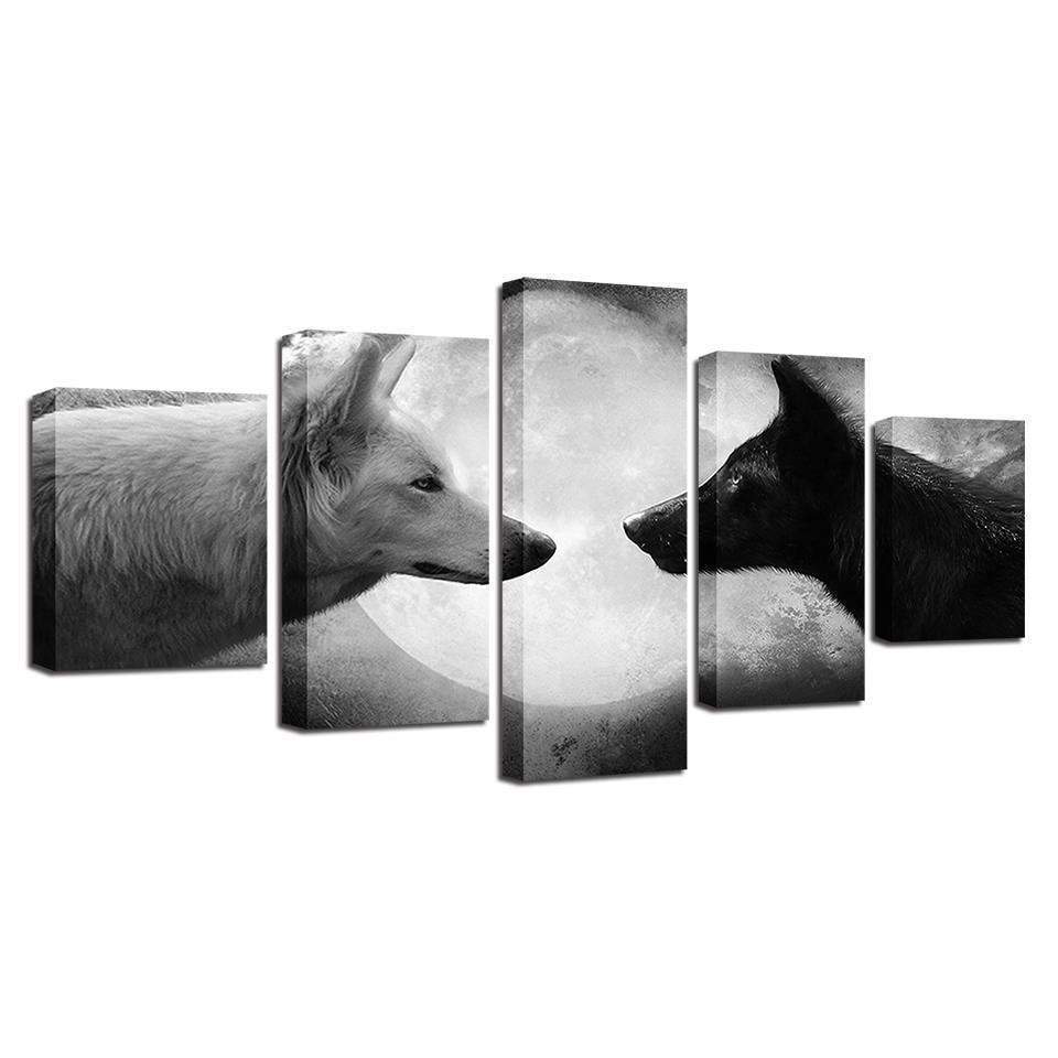 Animal Black White Wolves Moon Night Scene Animal Canvas Wall Art