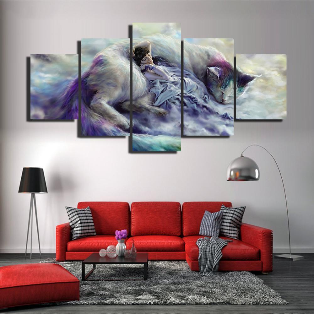 Animal Cat And Girl Animal Canvas Wall Art