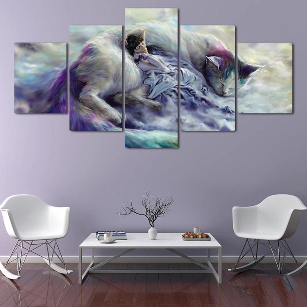 Animal Cat And Girl Animal Canvas Wall Art