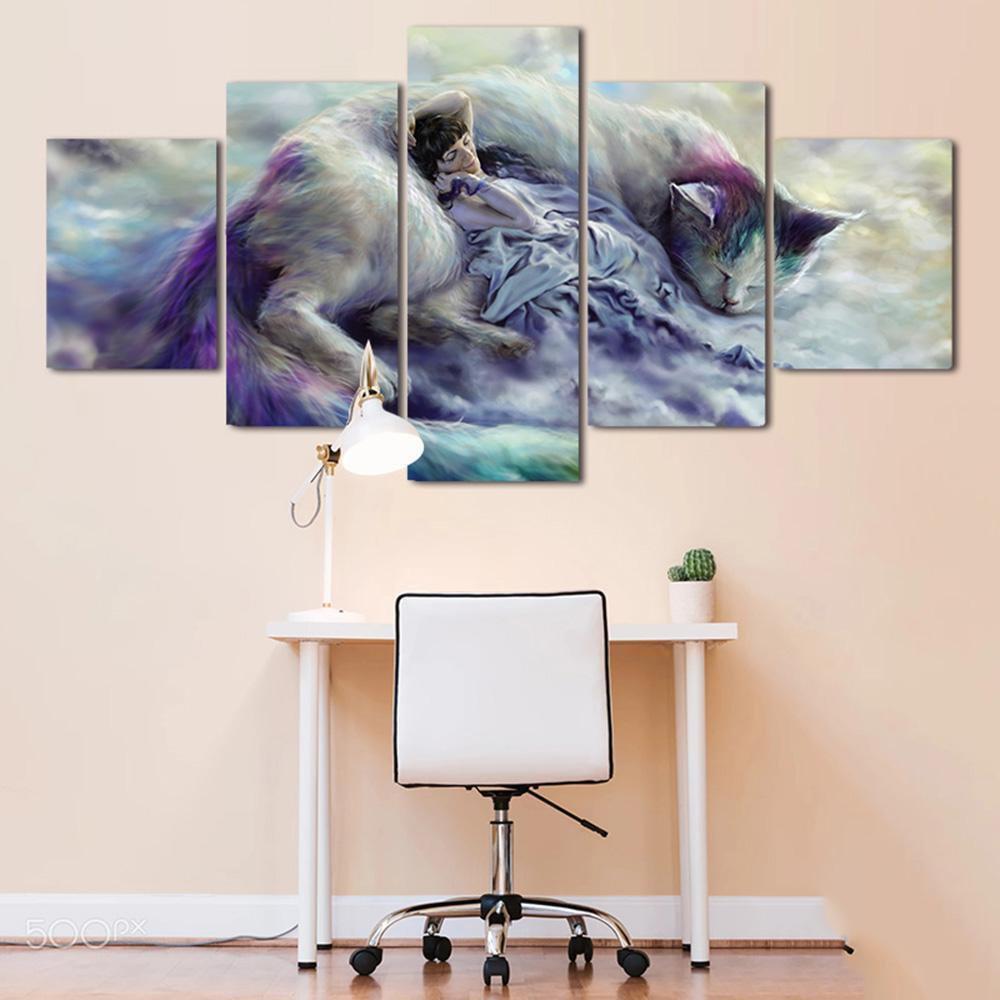 Animal Cat And Girl Animal Canvas Wall Art