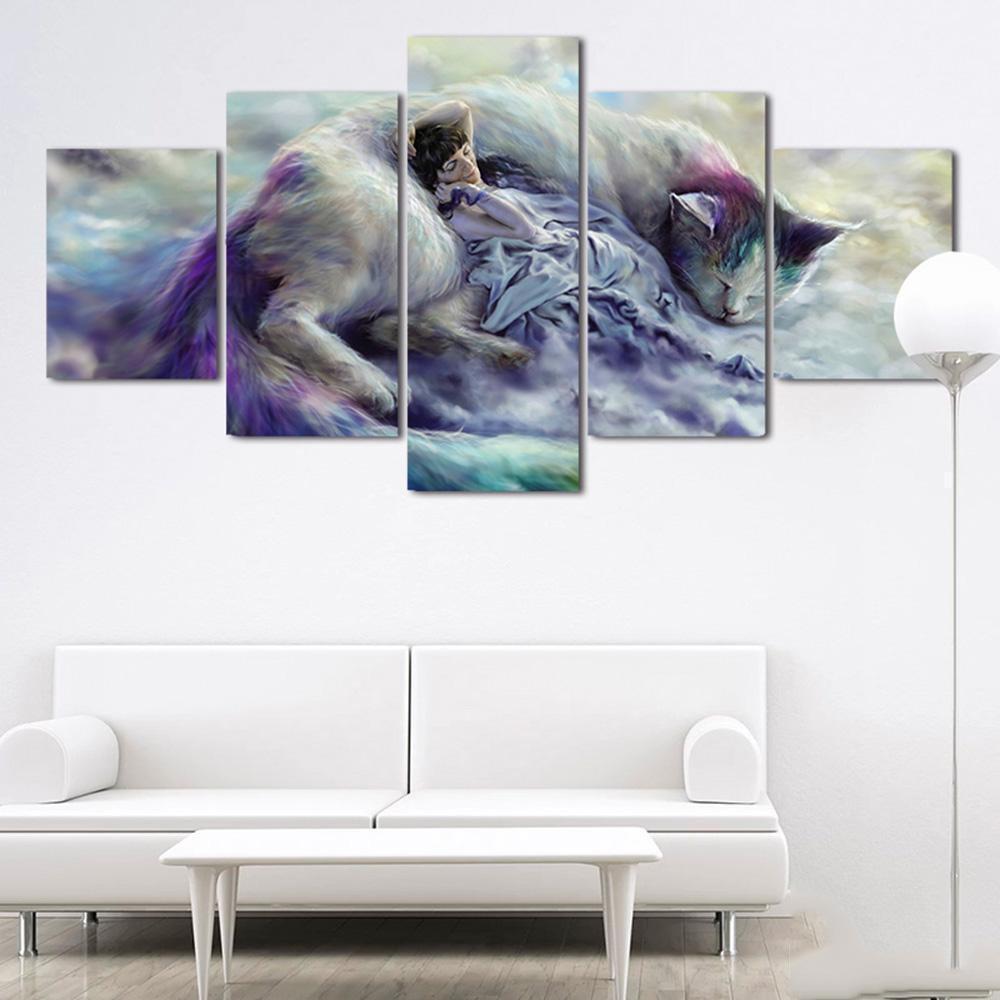 Animal Cat And Girl Animal Canvas Wall Art