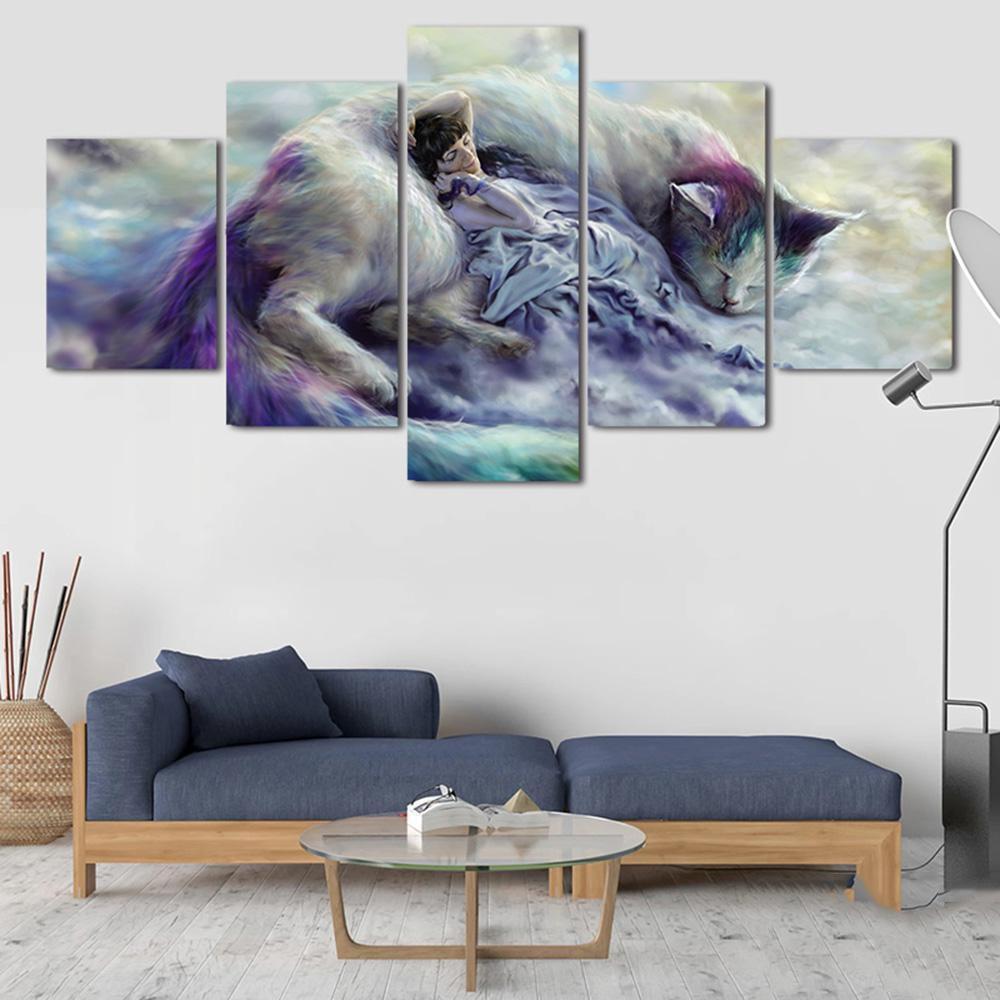 Animal Cat And Girl Animal Canvas Wall Art