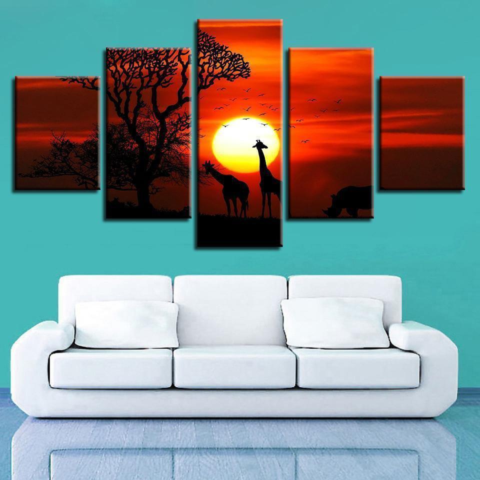 Animal Giraffe Tree Sunset Scenery Nature Canvas Wall Art
