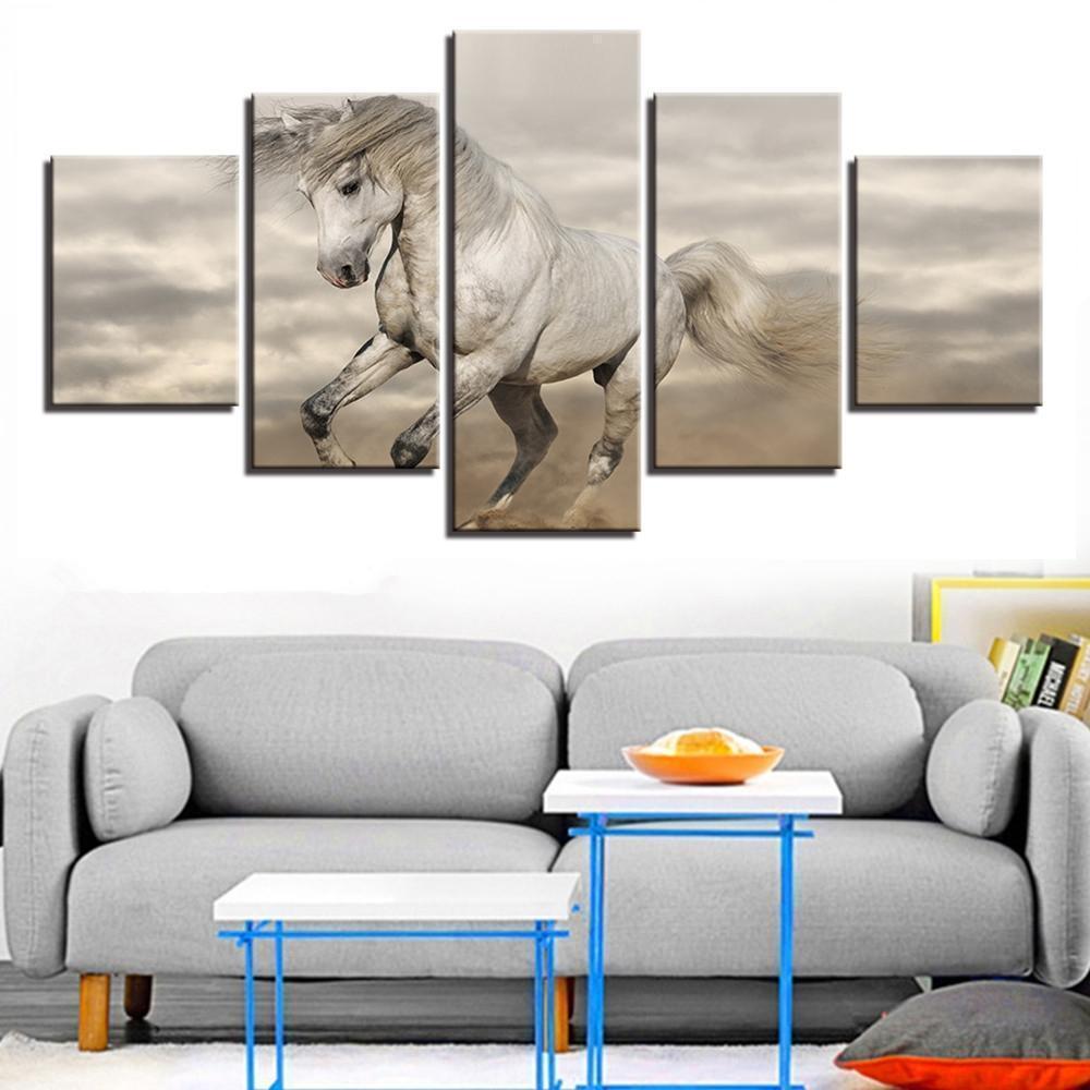 Animal White Horse Running Ste Animal Canvas Wall Art