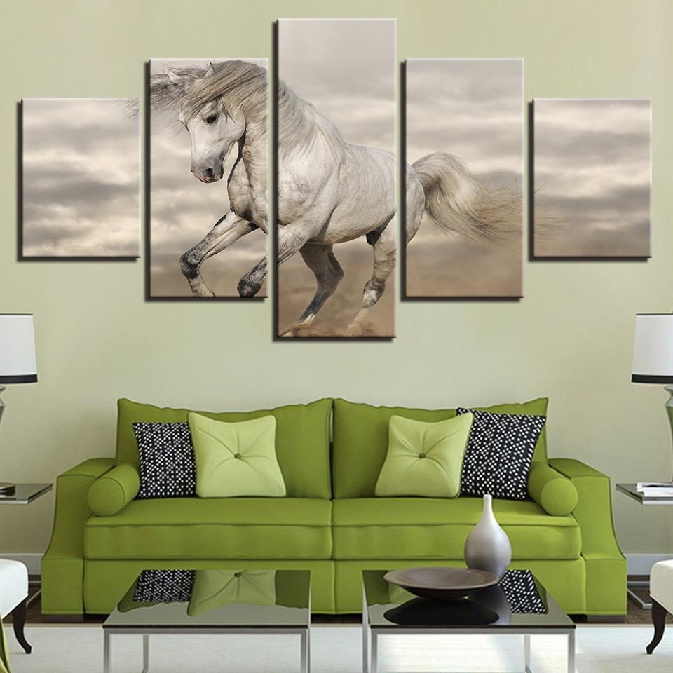Animal White Horse Running Ste Animal Canvas Wall Art