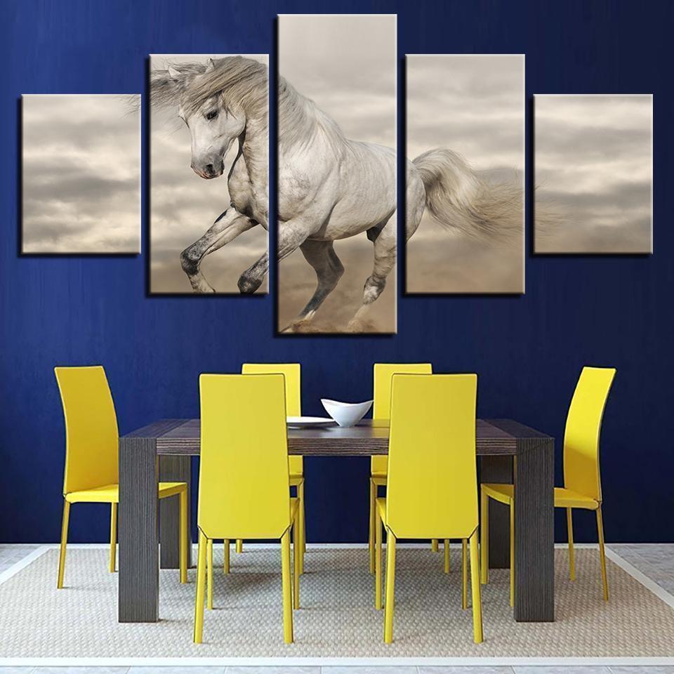 Animal White Horse Running Ste Animal Canvas Wall Art