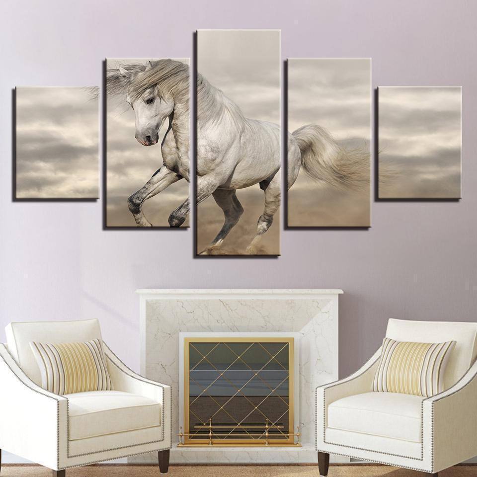 Animal White Horse Running Ste Animal Canvas Wall Art