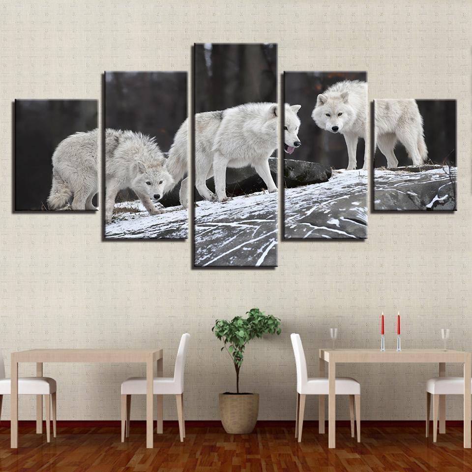 Animal White Snow Wolves Animal Canvas Wall Art