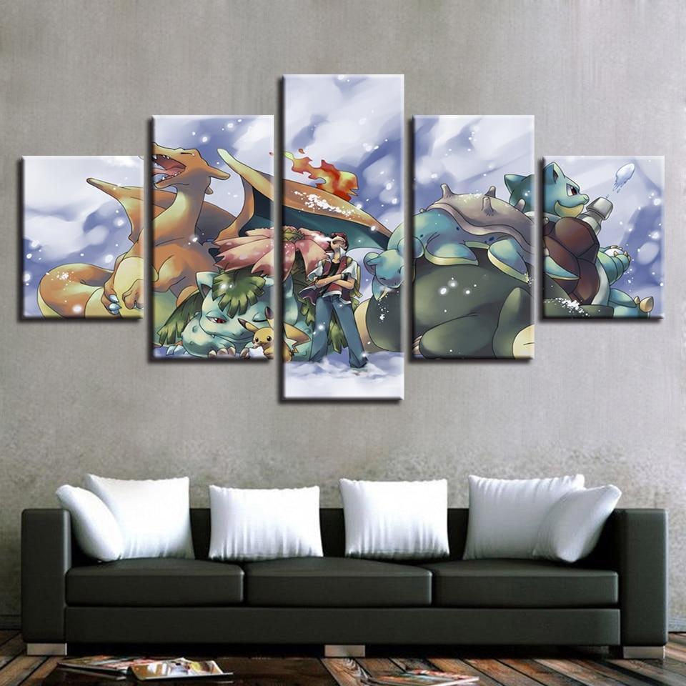 Pokemon Ash Ketchum Pikachu Bulbasaur Charmander Squirtle Anime Canvas Wall Art
