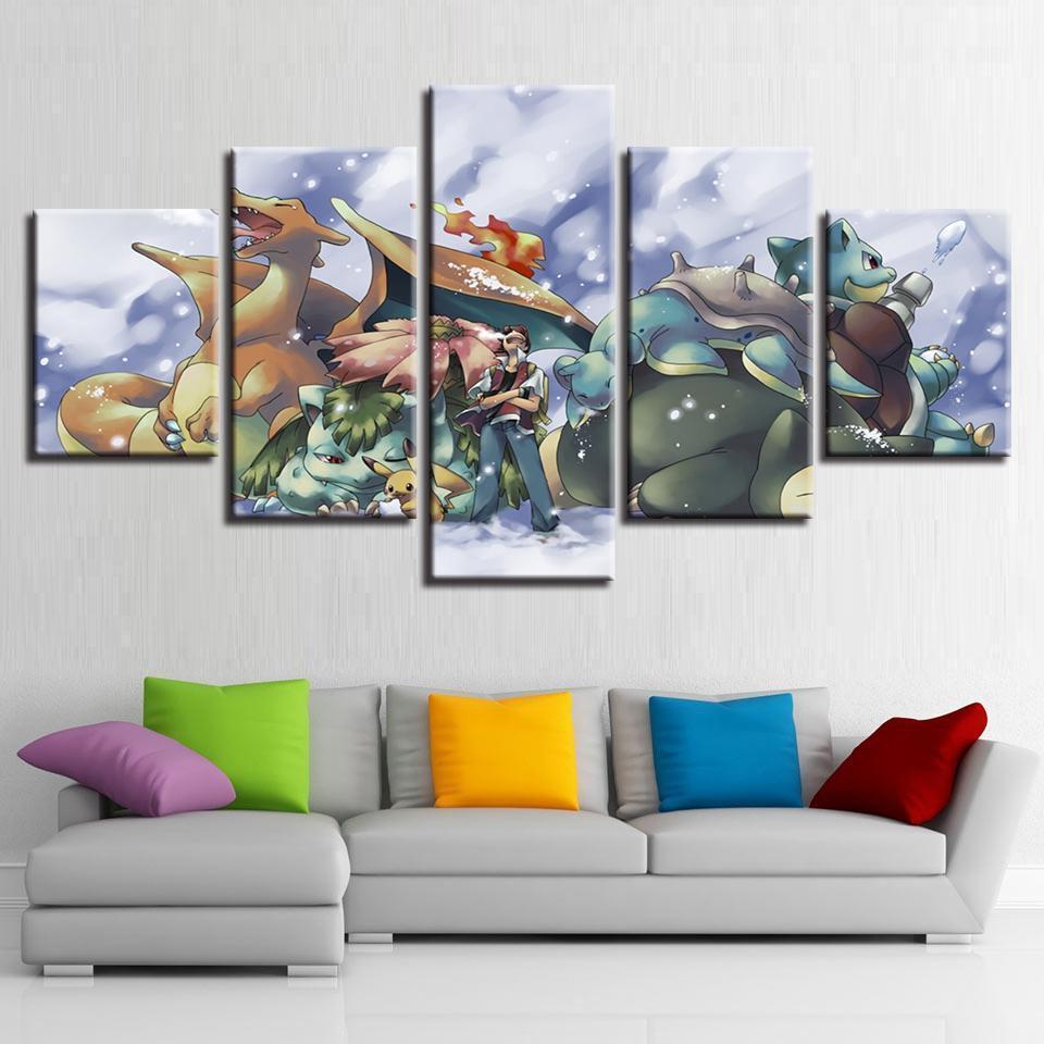 Pokemon Ash Ketchum Pikachu Bulbasaur Charmander Squirtle Anime Canvas Wall Art