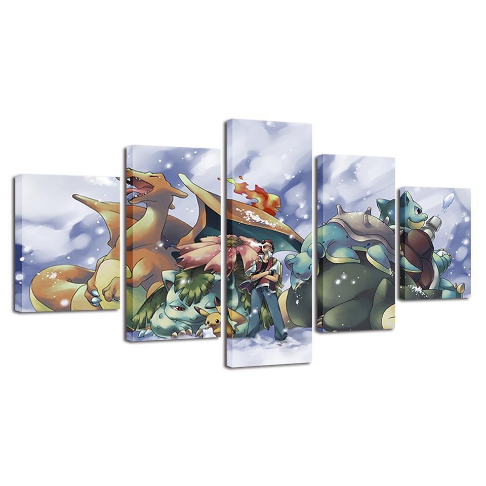Pokemon Ash Ketchum Pikachu Bulbasaur Charmander Squirtle Anime Canvas Wall Art