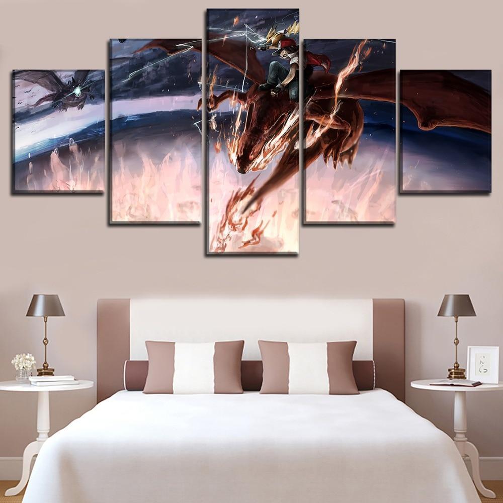 Pokemon Ash Ketchum Riding Charizard Anime Canvas Wall Art