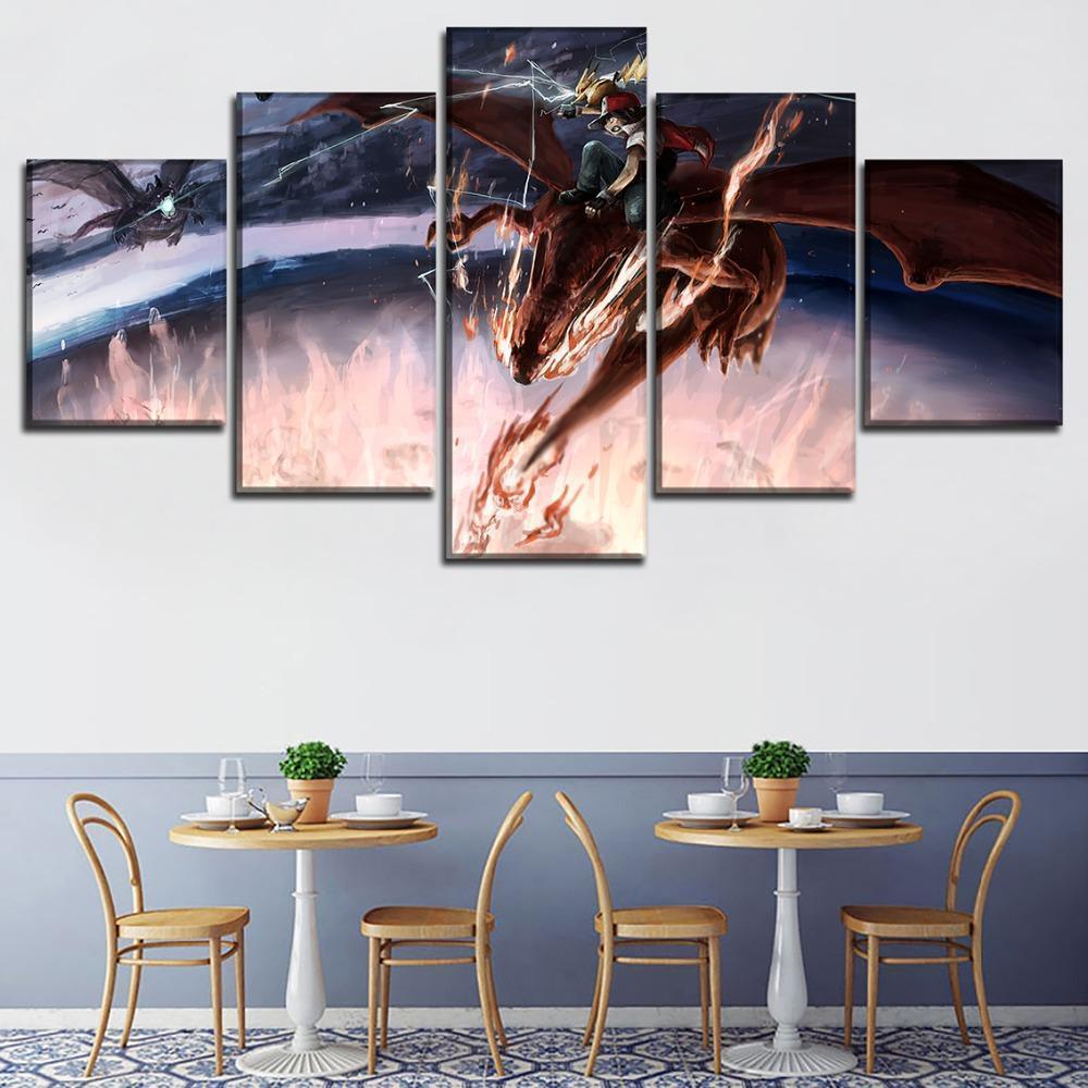 Pokemon Ash Ketchum Riding Charizard Anime Canvas Wall Art