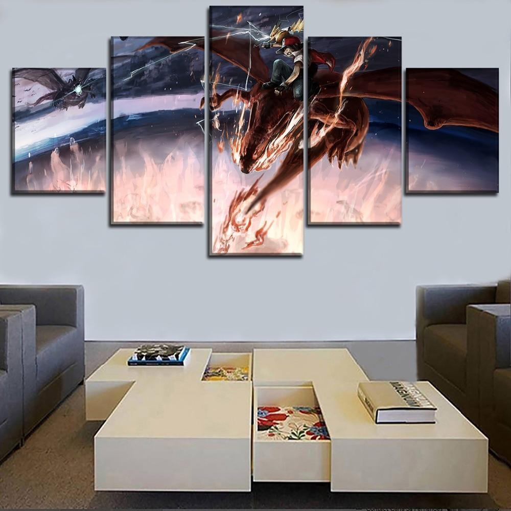 Pokemon Ash Ketchum Riding Charizard Anime Canvas Wall Art