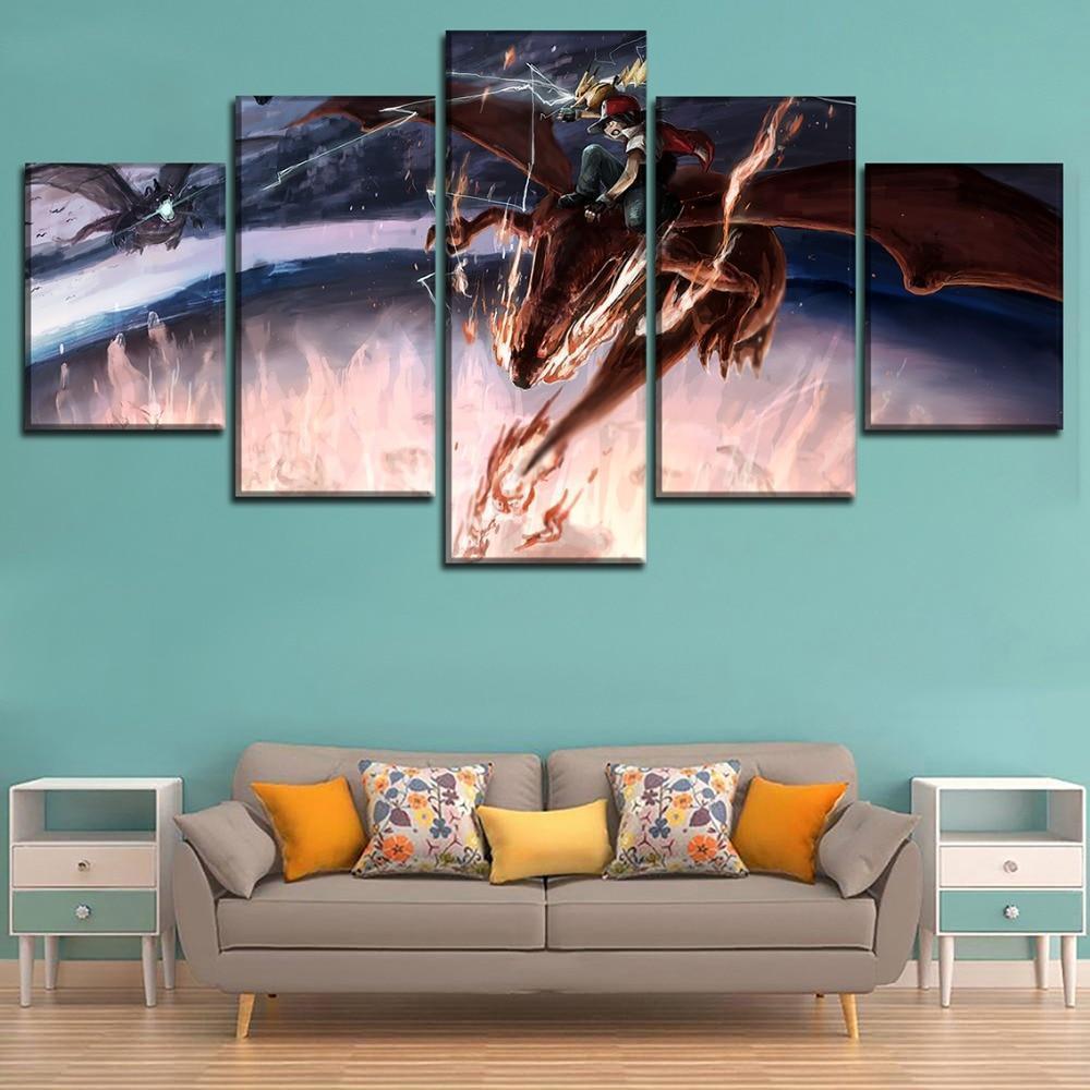 Pokemon Ash Ketchum Riding Charizard Anime Canvas Wall Art