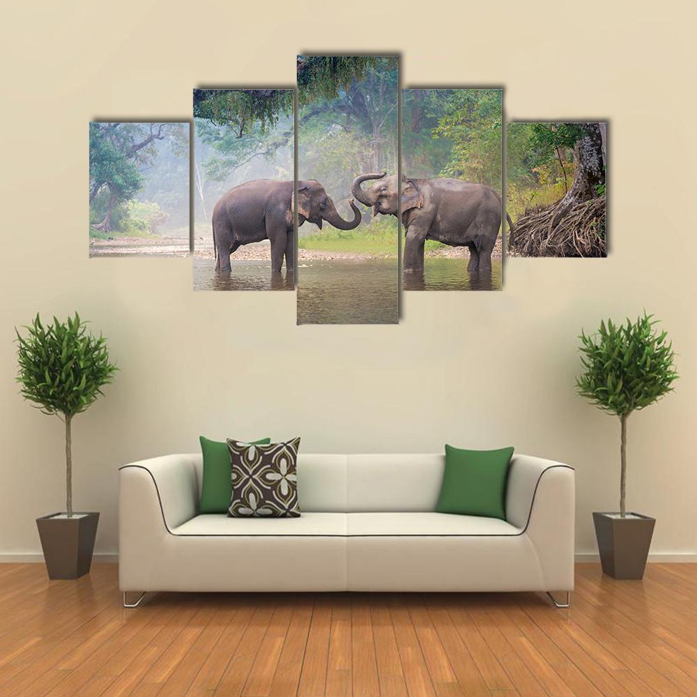 Asian Elephants In A Natural River At Deep Forest Animal Canvas Wall Art